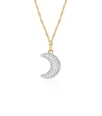 "Precioso Collar con Cadena y Dije de Luna Pavé Oro su diseño único y original capturarán la belleza y esencia de quien lo use. Hecho de Oro con gemas corte redondo incrustadas sobre todo el cuerpo del dije le dan un brillo único y radiante a esta joya. Combine perfectamente con su estilo de vida único, de carácter y elegancia. La elección de accesorios o amuletos con símbolos específicos es una gran manera de representar sus ideas o su visión de la vida. Una estupenda manera de consentirse o un regalo especial para alguien que amas, en cumpleaños o aniversarios, para el día de San Valentín, navidad, boda y graduación."